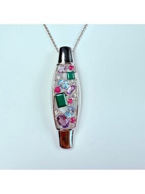 Modernist Sally C Treasures Emerald Ruby Amethyst Topaz Sterling Silver Necklace